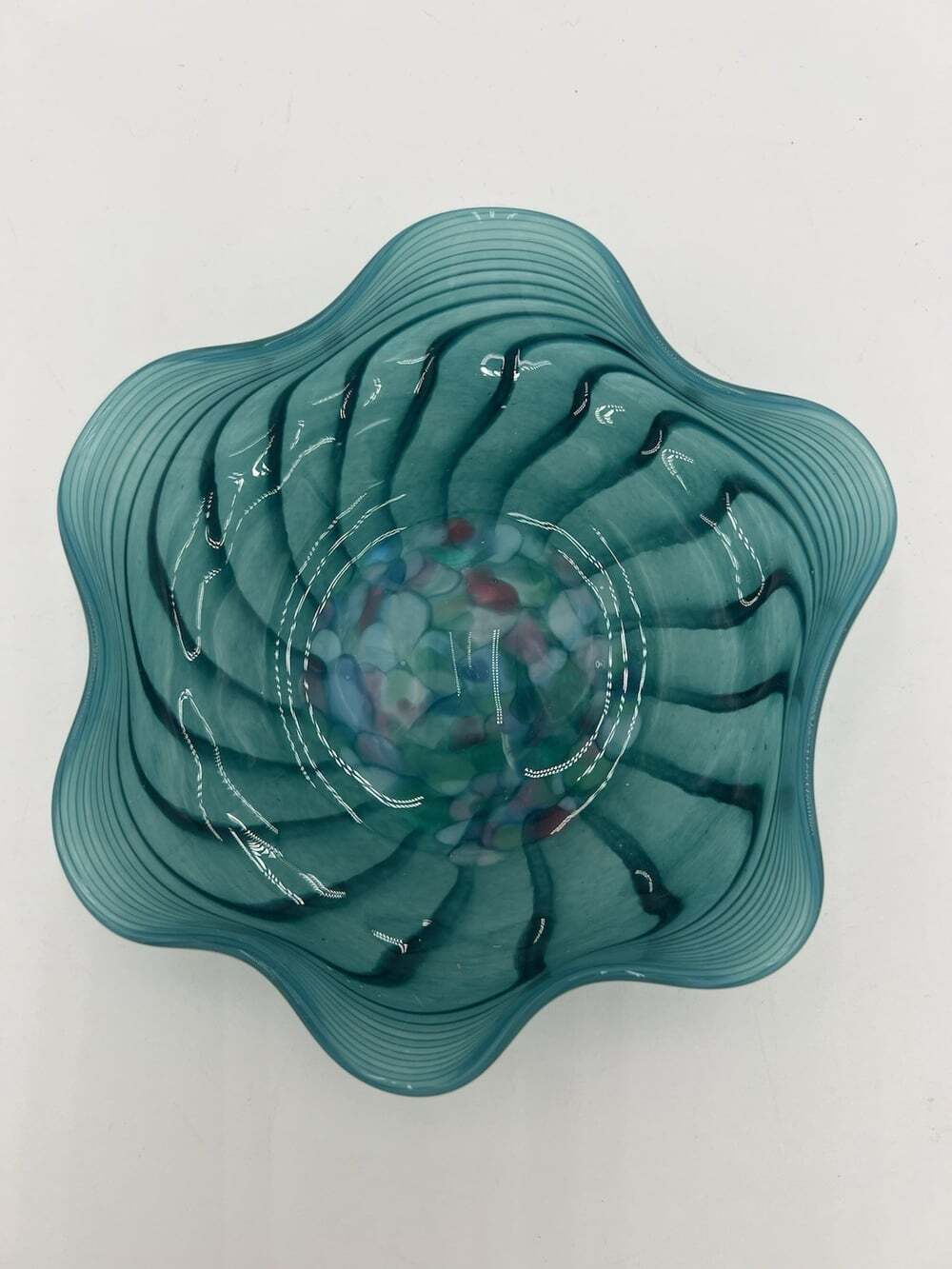 Hand Blown Art Glass Bowl Teal Ruffled Swirl Multicolor Confetti Studio Glass